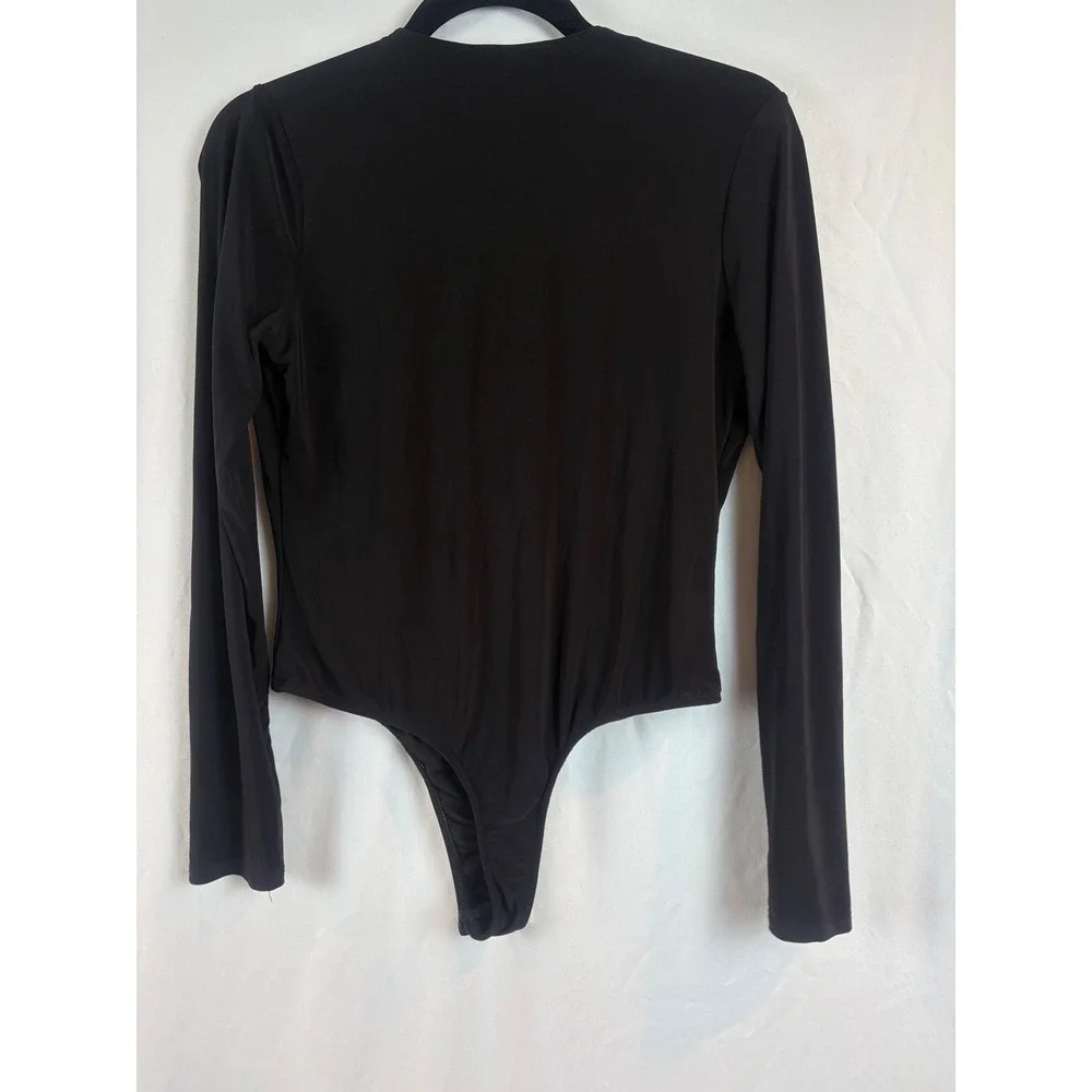 Akira Womens Deep V Neck Long Sleeve Thong‎ Bodysuit Black XL